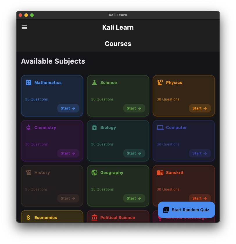 Kali Learn App Screens